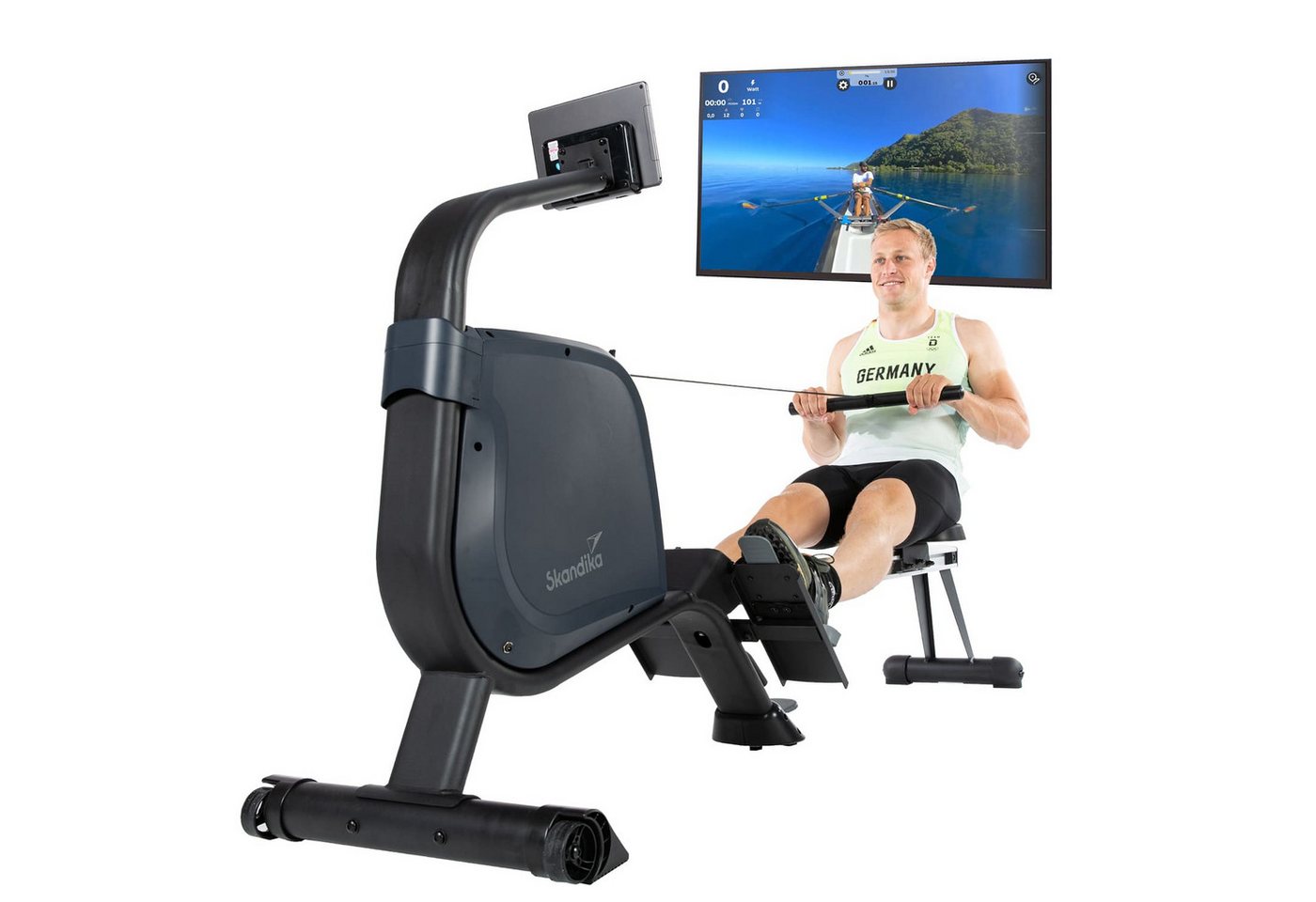 Skandika Rudergerät Njord Ruderergometer mit 16 Stufen, Studioqualität, für Zuhause (Laufschienen-Länge 128 cm, Transportrollen, Max. Körpergröße 195 cm), klappbar, 8 kg Schwungmassensystem, max. 180 kg, Kinomap, Bluetooth Bild 4