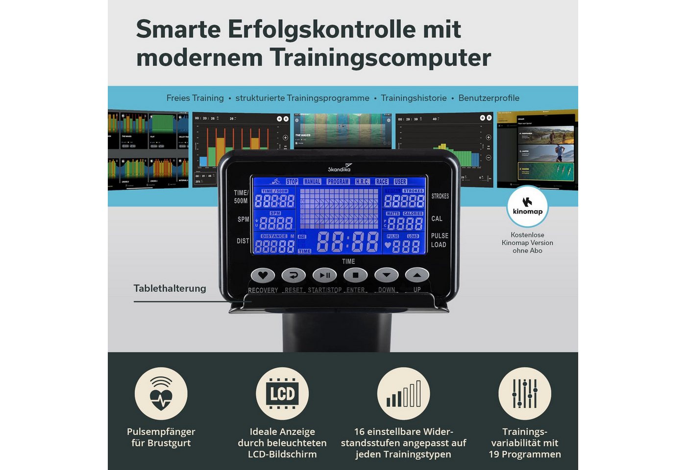 Skandika Rudergerät Njord Ruderergometer mit 16 Stufen, Studioqualität, für Zuhause (Laufschienen-Länge 128 cm, Transportrollen, Max. Körpergröße 195 cm), klappbar, 8 kg Schwungmassensystem, max. 180 kg, Kinomap, Bluetooth Bild 5