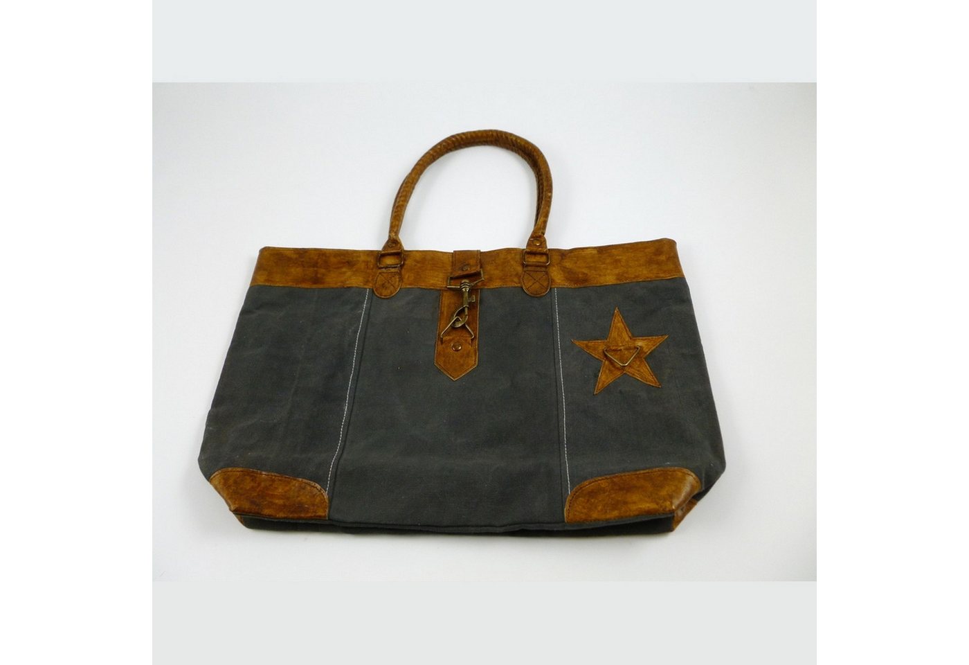 Deko AS Freizeittasche Canvas Shopping Bag Damen – Dunkelblau mit Leder - 50x32 cm - 74154