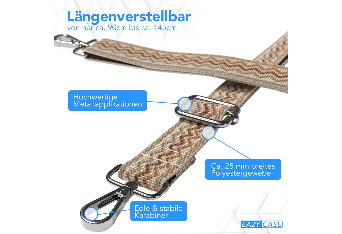 EAZY CASE Schulterriemen Ersatz Taschenriemen Boho Style Buntes Taschenband Universal Wave Style Festival Accessoire Beige