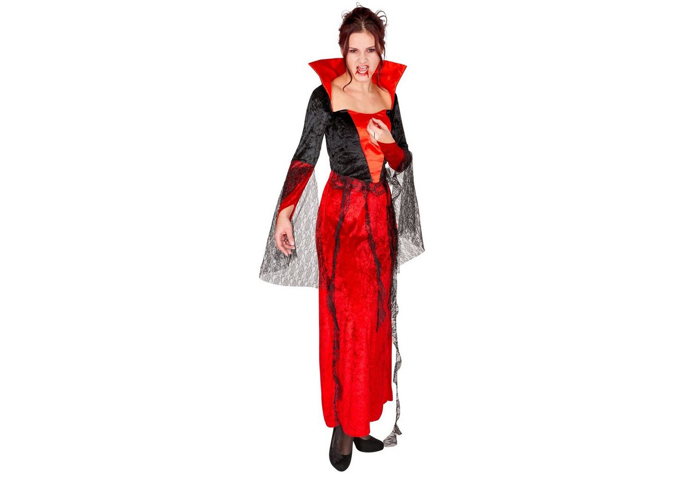dressforfun Vampir-Kostüm Dracula/Blutsauger, in rot, Gr. M, Langes Kleid, Großer Stehkragen, Lange Fledermaus-Ärmel, Samt- und Satin-Optik, Eingearbeitete Spitze Bild 2