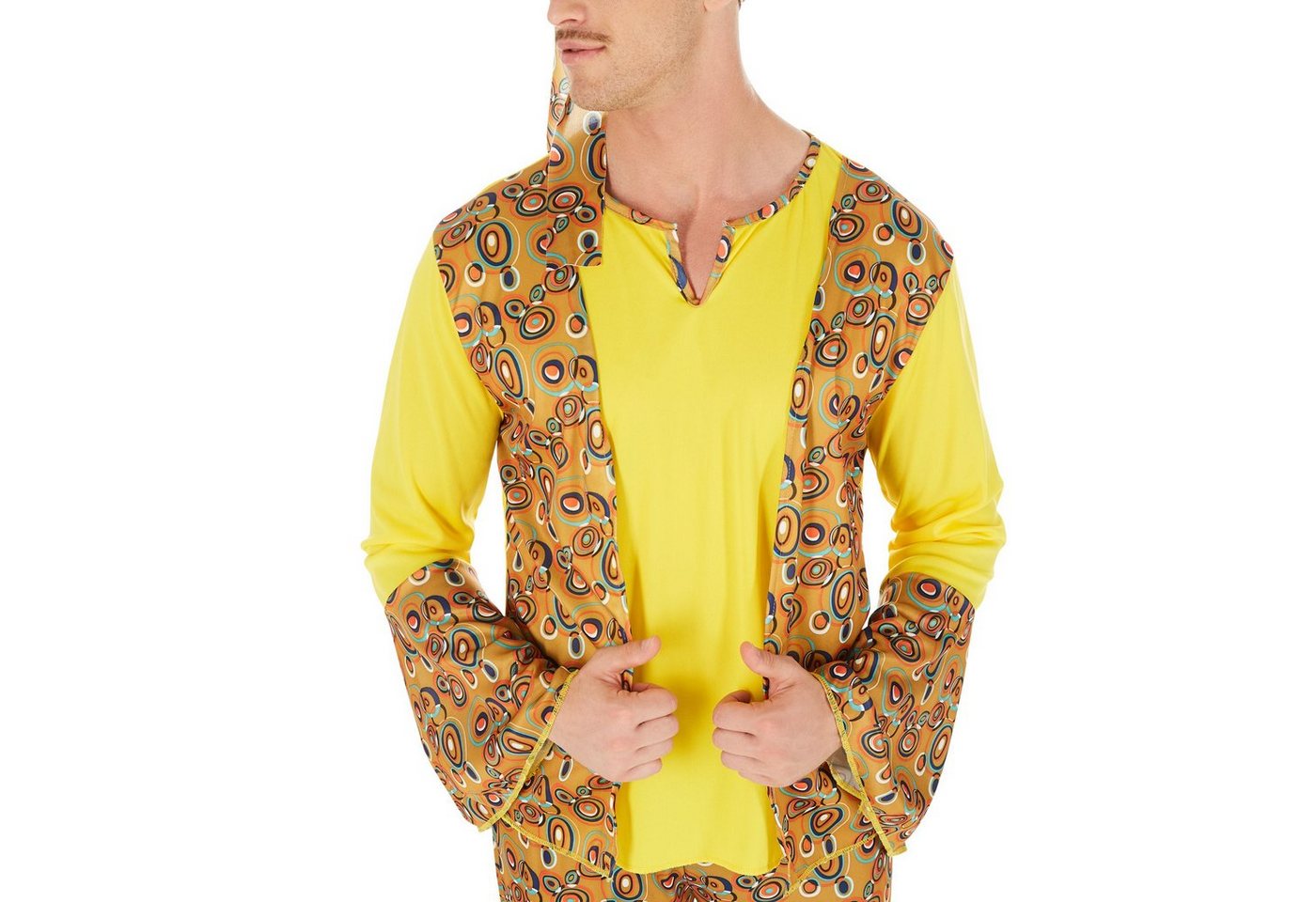 dressforfun Hippie-Kostüm Tänzerin/Partygängerin, in der Farbe bunt, Gr. L, inkl. Haarband, Jersey-Elastik-Oberteil mit Weste, Gummizughose, 60er-/70er-Look Bild 3
