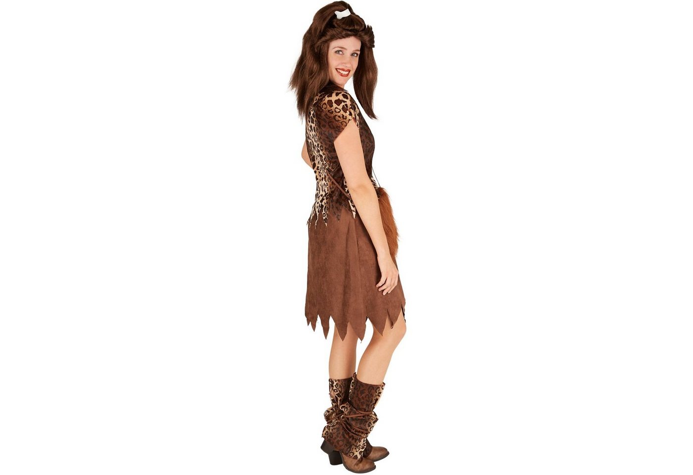 dressforfun Kostüm Höhlenmensch/Urzeitjäger, Gr. XL, Freches Shirt mit Leopardenmuster, in braun gemischt, Rock mit Zacken am Saum, Inkl. und Umhängetasche