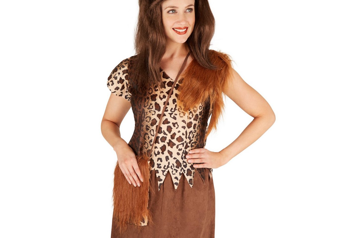 dressforfun Kostüm Höhlenmensch/Urzeitjäger, Gr. XL, Freches Shirt mit Leopardenmuster, in braun gemischt, Rock mit Zacken am Saum, Inkl. und Umhängetasche Bild 5