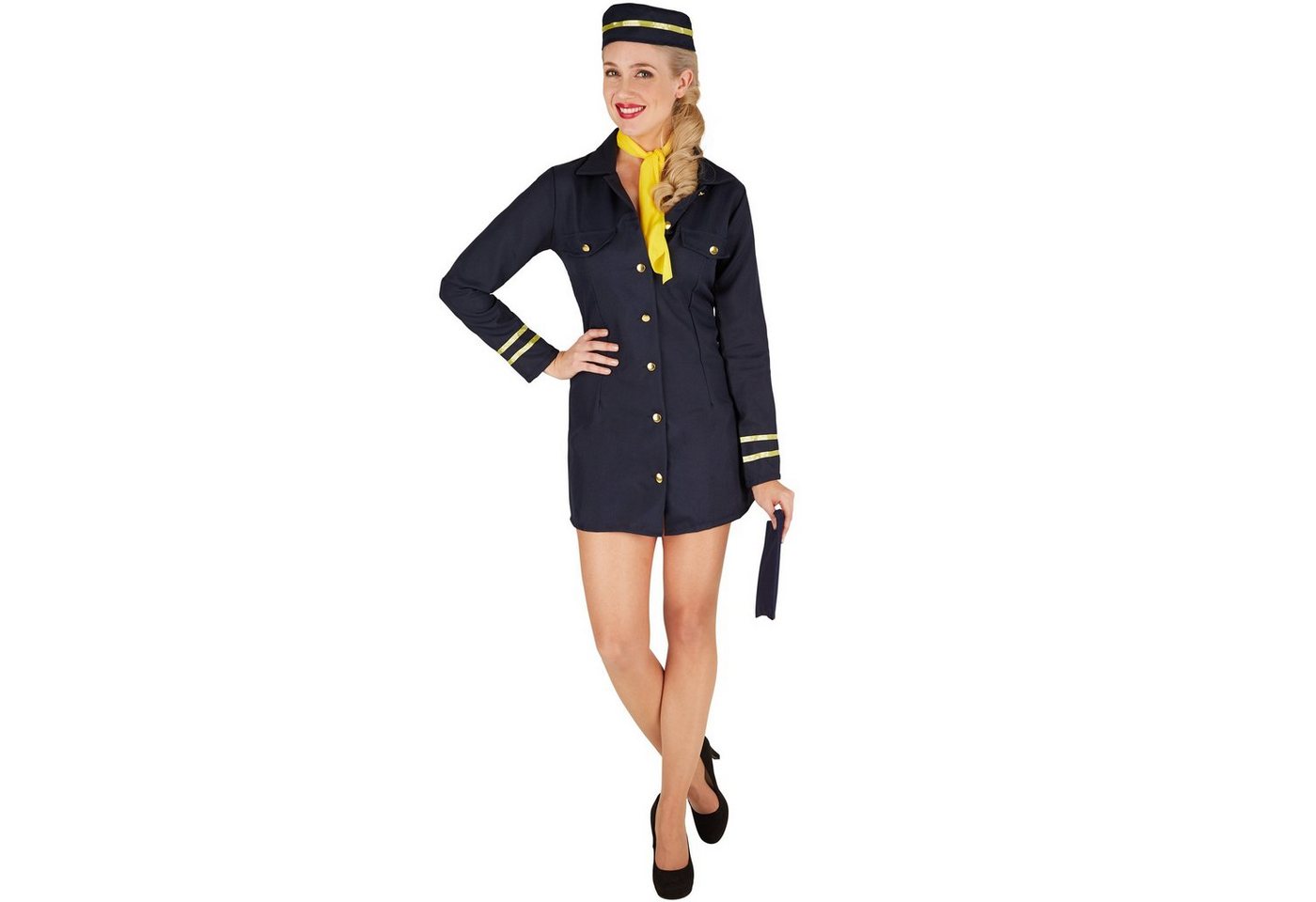 dressforfun Kostüm Flugbegleiterin/Stewardess, in schwarz/gelb, Konfektionsgröße XXL, Kurzes Kleid, Stewardessen-Hut, Schönes passendes Halstuch Bild 2