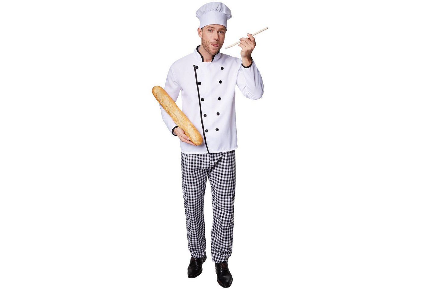 dressforfun Kostüm Koch, auch Chefkoch, Gr. S, Passende karierte Hose, Inkl. Kochhut, in der Farbe schwarz/weiß, Schön gearbeitetes Küchenchef-Jackett