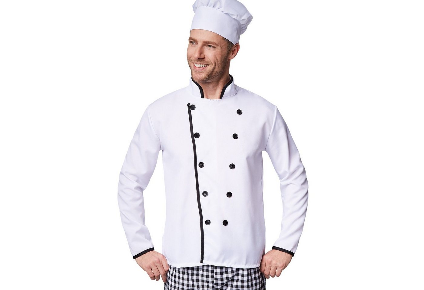 dressforfun Kostüm Koch, auch Chefkoch, Gr. S, Passende karierte Hose, Inkl. Kochhut, in der Farbe schwarz/weiß, Schön gearbeitetes Küchenchef-Jackett Bild 3