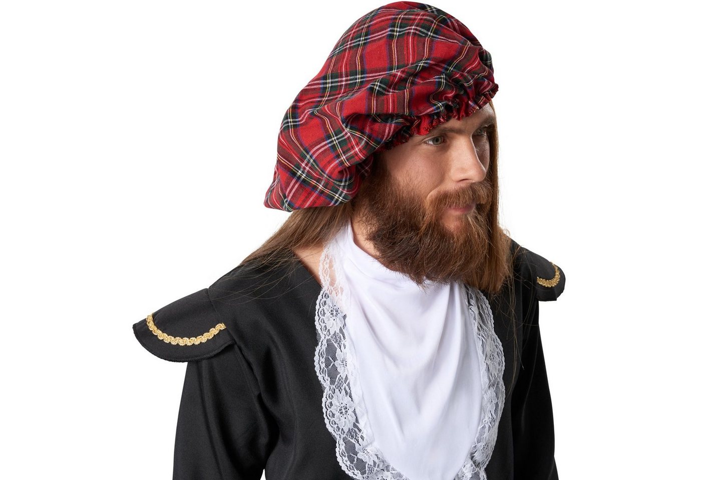 dressforfun Kostüm Hochländer/Schottländer, in schwarz/rot, Gr. L, Edles Schottenkostüm, Ballonmütze mit Gummizug, Kilt mit Kniestrümpfen, Großer Spitzenkragen Bild 2