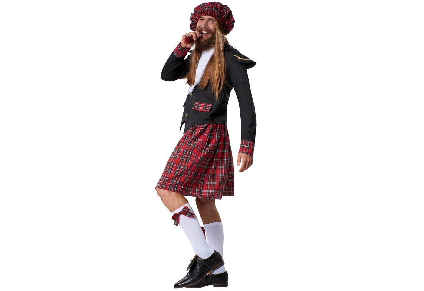 dressforfun Kostüm Hochländer/Schottländer, in schwarz/rot, Gr. L, Edles Schottenkostüm, Ballonmütze mit Gummizug, Kilt mit Kniestrümpfen, Großer Spitzenkragen Bild 4