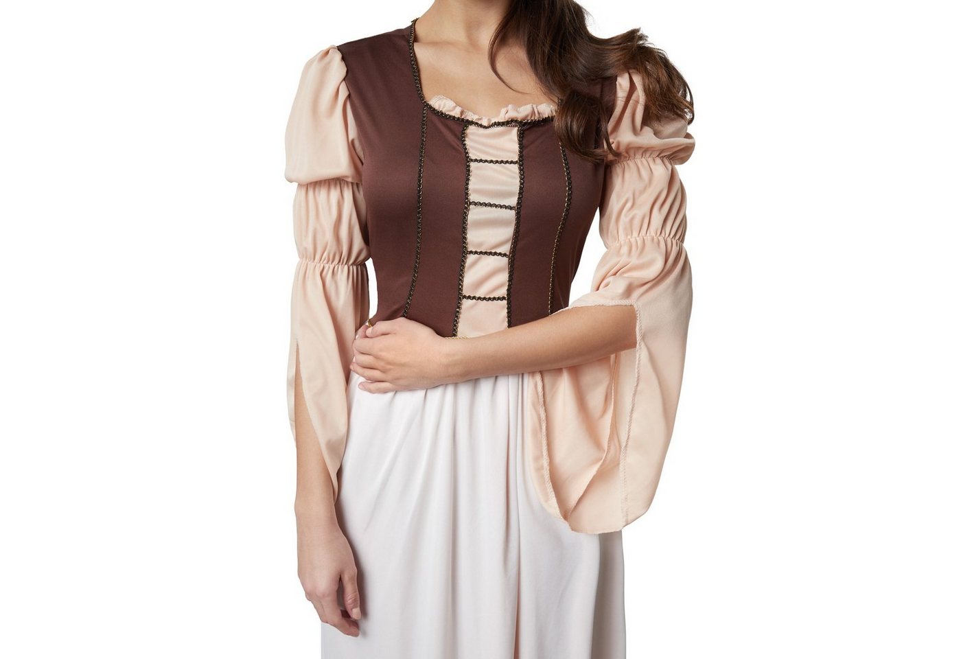dressforfun Kostüm Arbeitertochter/Arbeitermädchen, in der Farbe braun/weiß, Gr. XL, Oberteil mit angedeuteter Korsage, Zarte Zierborte in Schwarz und Gold Bild 2