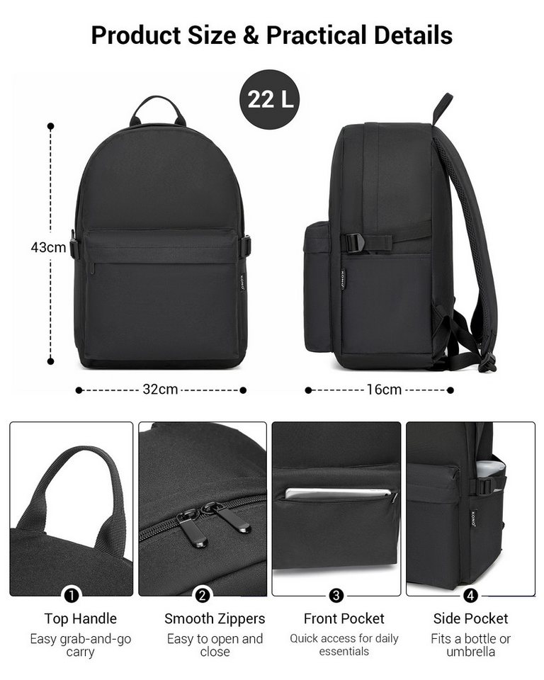 KONO Rucksack Schulrucksack, leichte Tasche für Jungen und Mädchen, 15,4 Zoll Laptop Bild 4