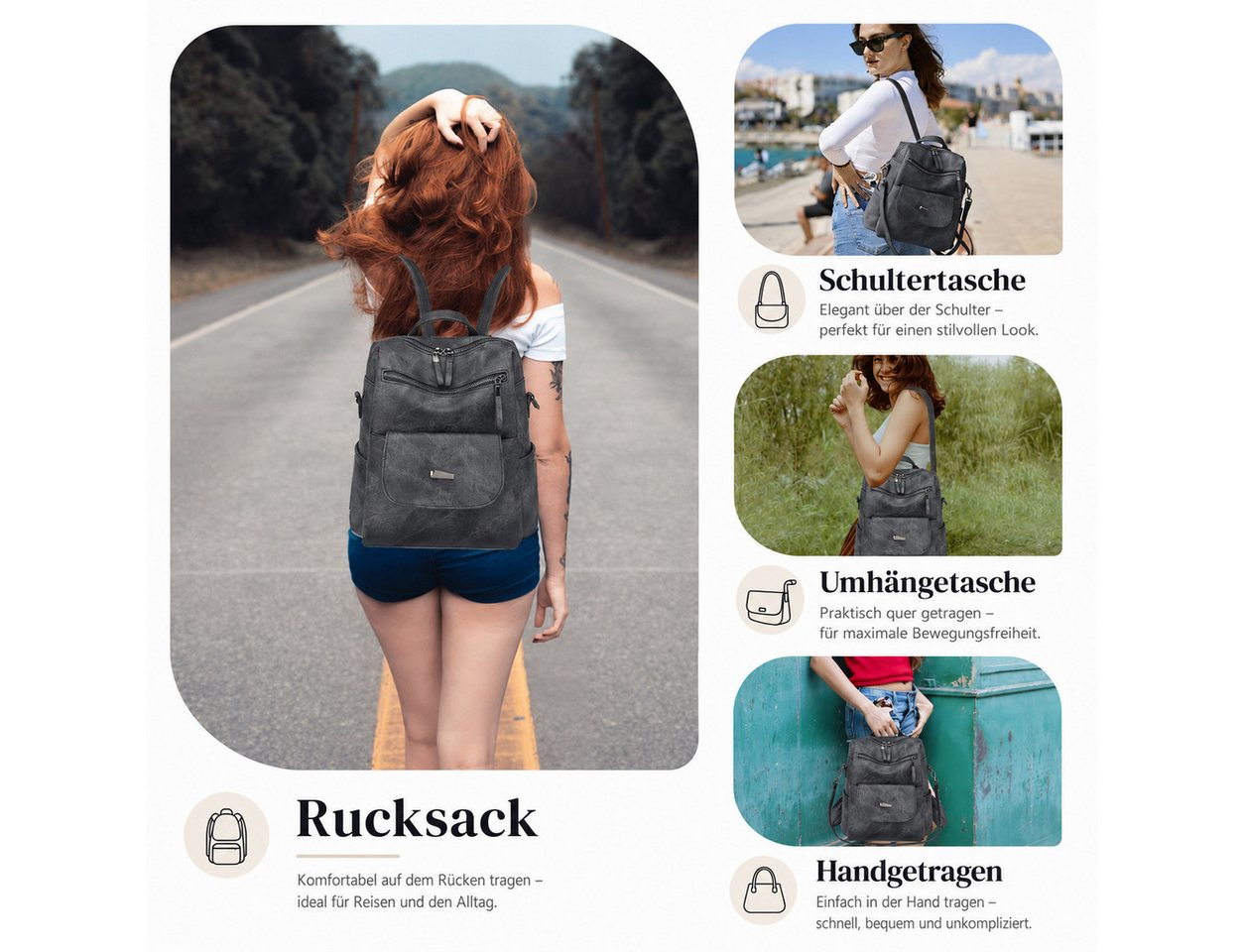 nsihing Rucksack Rucksack Tasche aus Kunstleder, Multifunktionale Schultertasche, Kompakt & Wasserabweisend, als Rucksack oder Schultertasche tragbar