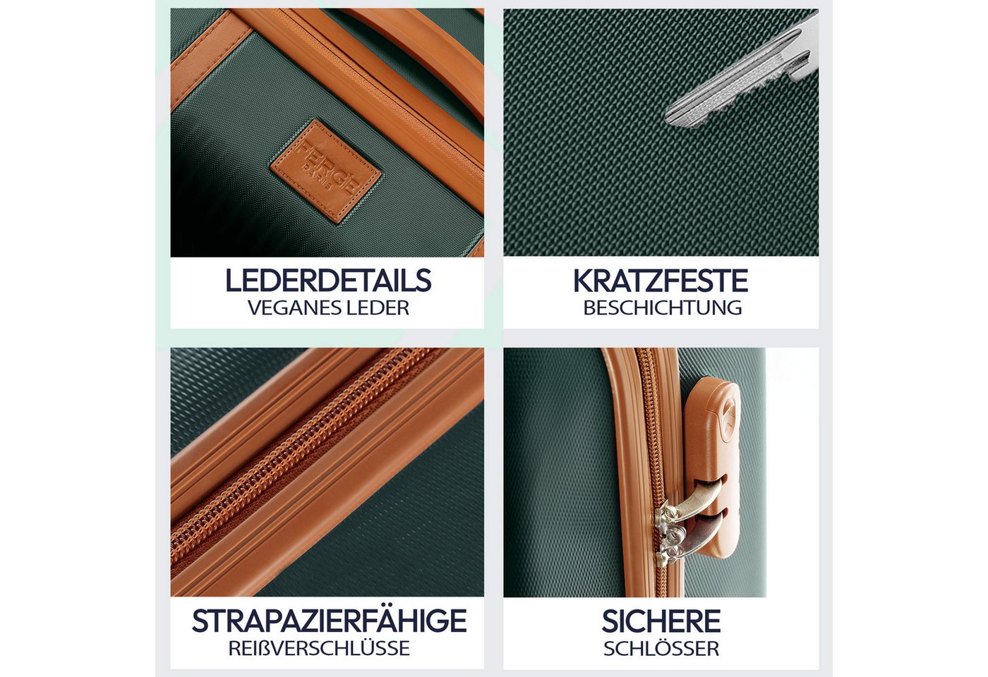FERGÉ Kofferset Hartschale 3 teilig Koffer Set MILANO Dark-Green, 4 Rollen, (3er Kofferset stabil und leicht mit Zahlenschloß, 3 tlg., Hartschalen-Trolley Set 3 Größen Handgepäck Koffer M XL), Trolley 3er Koffer Set, Reisekoffer 4 Rollen, Premium Rollkoffer Bild 3