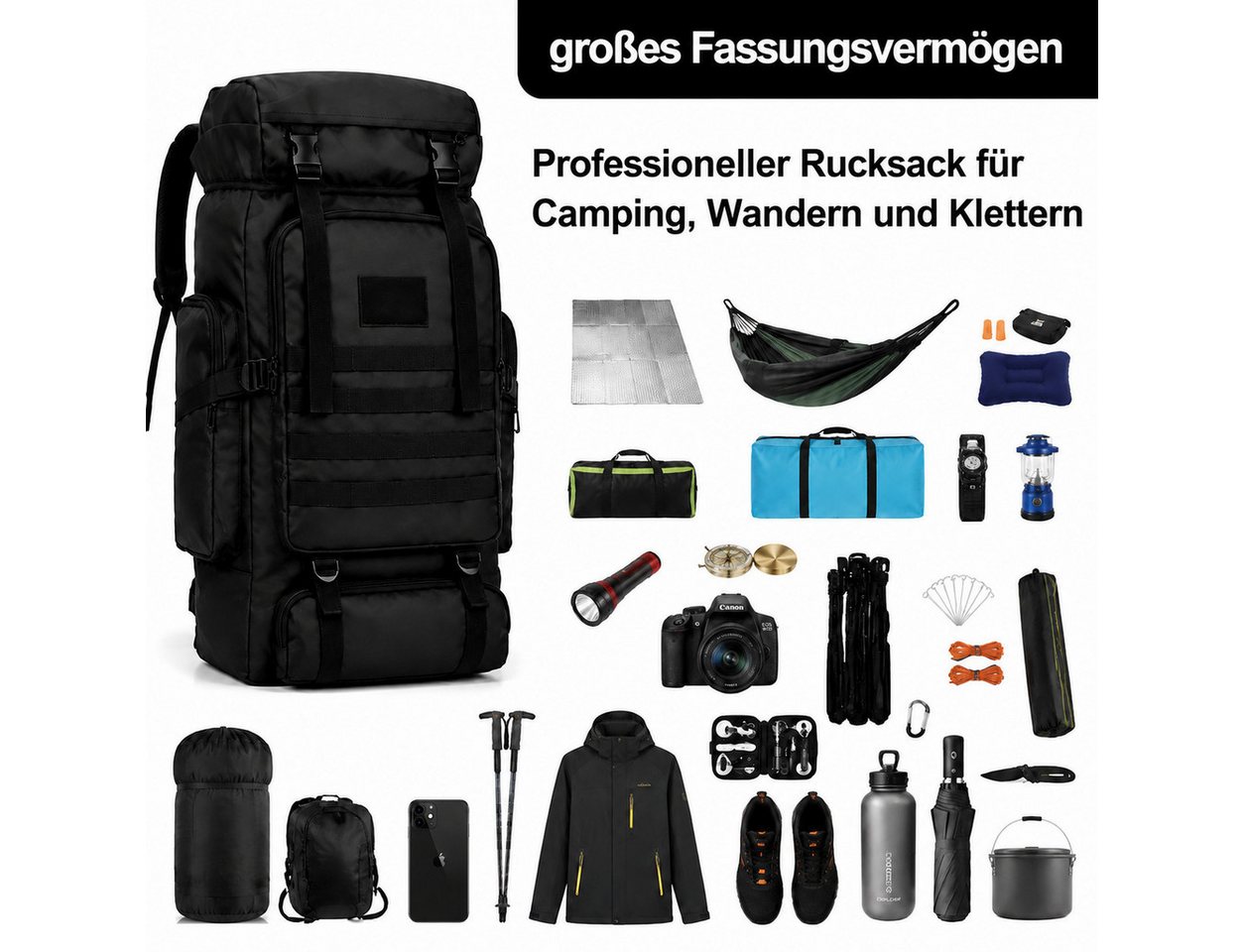 Toomoke Wanderrucksack Trekkingrucksack 60 L, Reiserucksack, Campingrucksack, Outdoorrucksack, mit Laptopfach, Schuhfach, Hüftgurt und atmungsaktivem Rücken Bild 2
