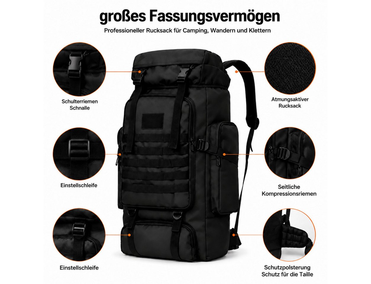 Toomoke Wanderrucksack Trekkingrucksack 60 L, Reiserucksack, Campingrucksack, Outdoorrucksack, mit Laptopfach, Schuhfach, Hüftgurt und atmungsaktivem Rücken Bild 5