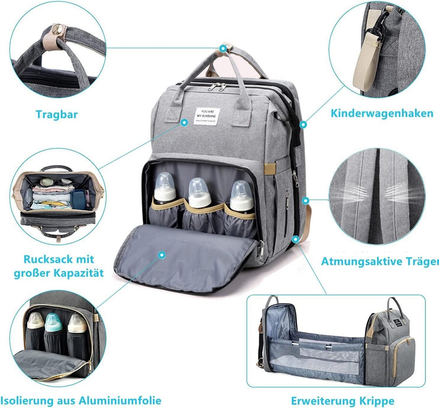 Fyrove Wickelrucksack Baby Wickelrucksack, Wickeltasche Multifunktions Reise Rucksack (mit Wickelunterlage multifunktional Wasserabweisend und Kinderwagengurte, Große Kapazität Rucksack für unterwegs)
