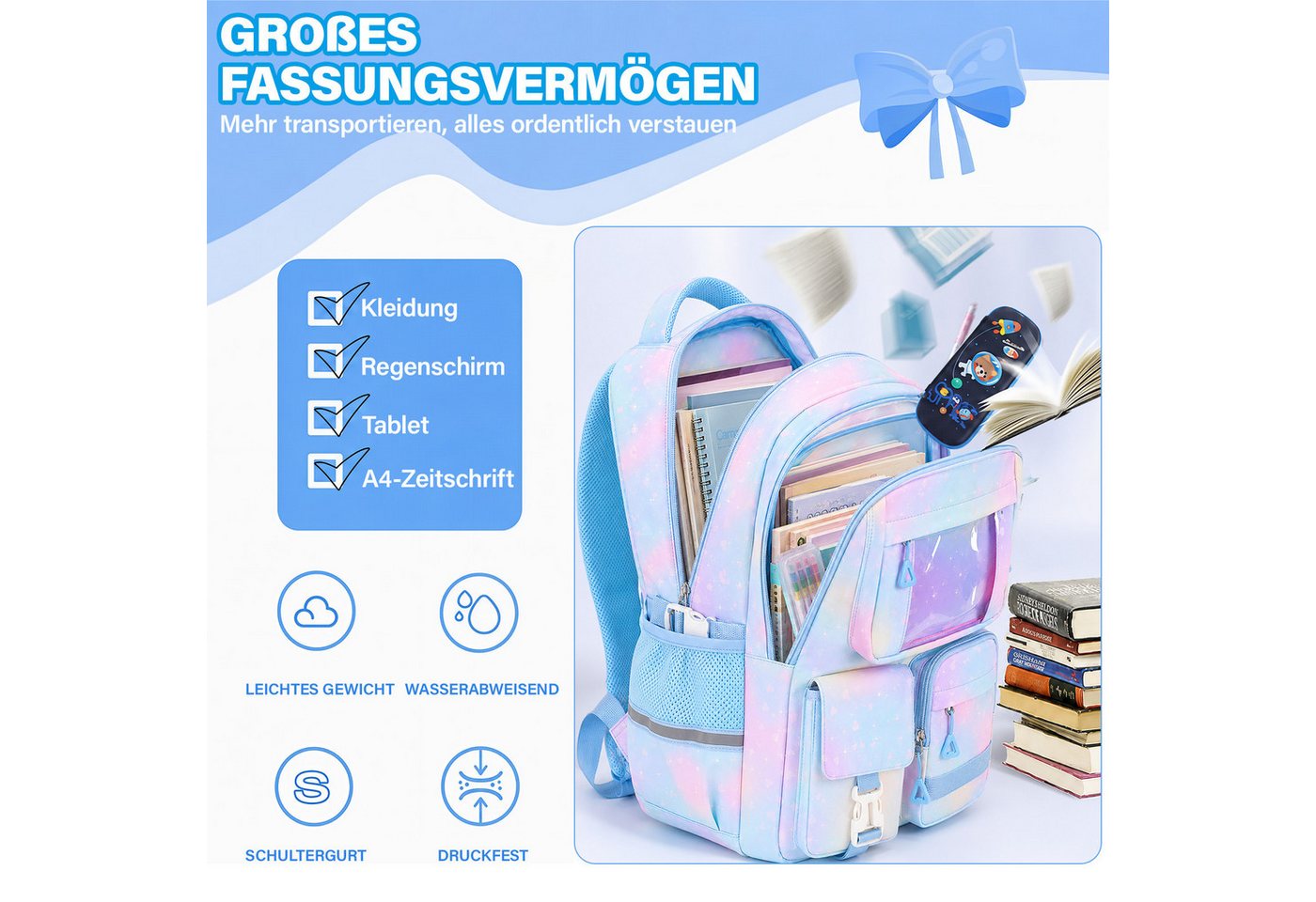MOPUEA Schulrucksack Schulrucksack Rucksack Schultasche Büchertasche Wasserdicht (Mädchen Lässiger Schulranzen, Atmungsaktiv), Multi-Tasche Freizeitrucksack für Schule Freizeit Reisen