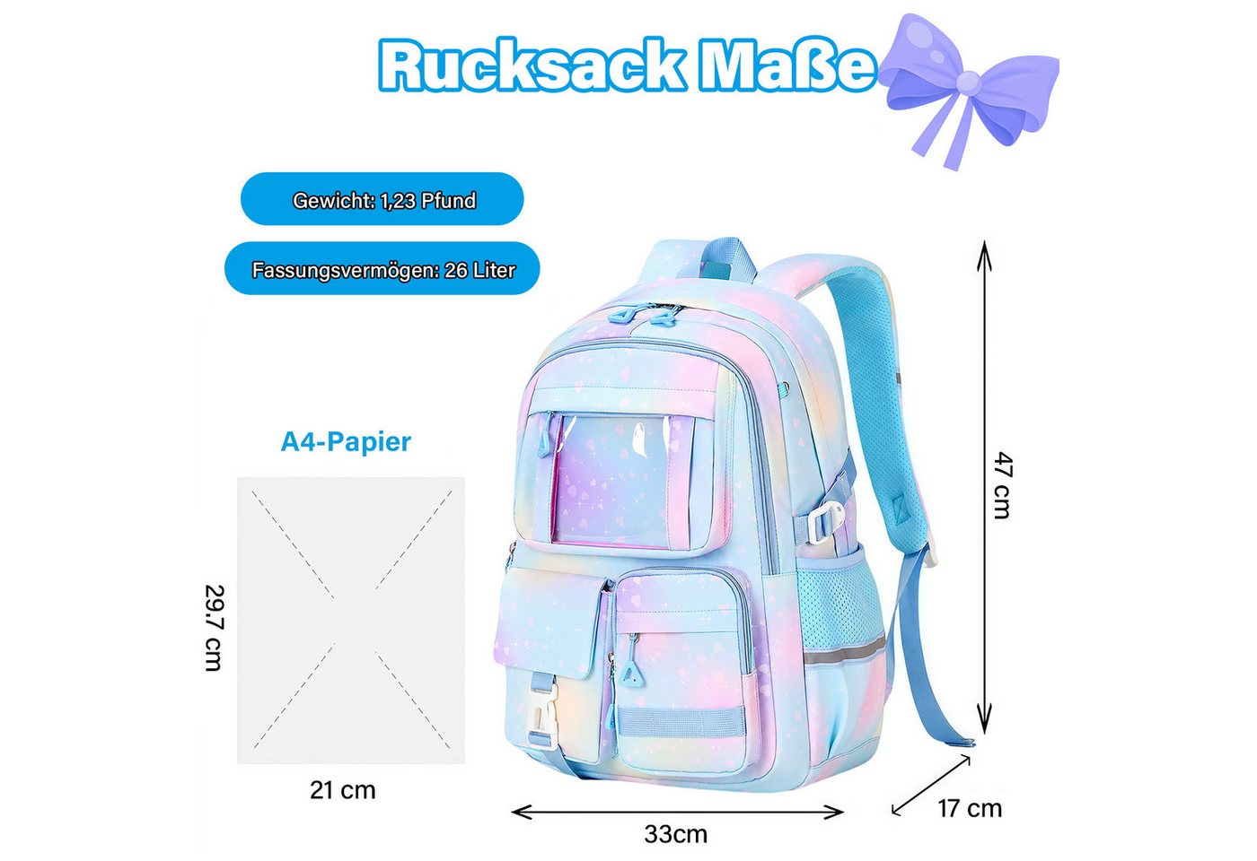 MOPUEA Schulrucksack Schulrucksack Rucksack Schultasche Büchertasche Wasserdicht (Mädchen Lässiger Schulranzen, Atmungsaktiv), Multi-Tasche Freizeitrucksack für Schule Freizeit Reisen Bild 3