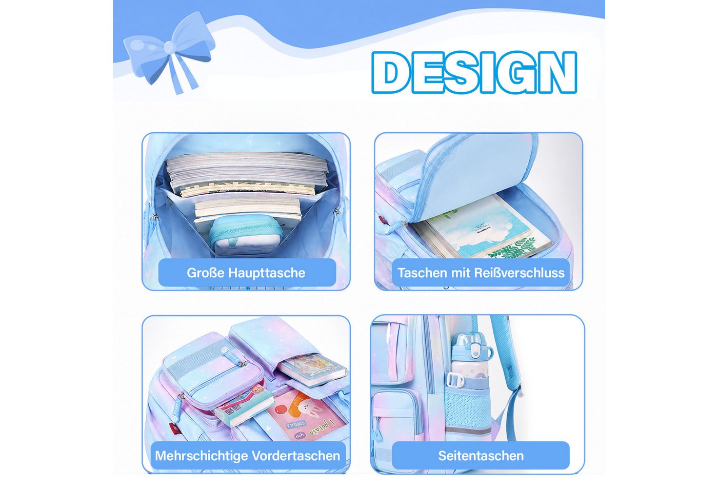 MOPUEA Schulrucksack Schulrucksack Rucksack Schultasche Büchertasche Wasserdicht (Mädchen Lässiger Schulranzen, Atmungsaktiv), Multi-Tasche Freizeitrucksack für Schule Freizeit Reisen Bild 5