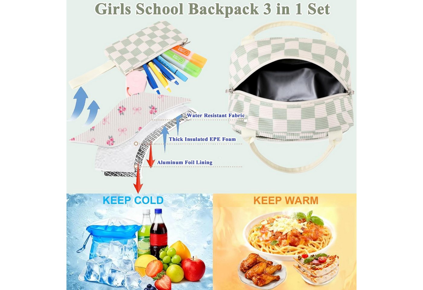 MOPUEA Schulrucksack Schulrucksack Set 3 tlg Wasserabweisend mit Lunch-Tasche &Federmappe (Rucksack Set für Schule, Schulrucksack mit Lunch Tasche und Federmäppchen), Karomuster, Laptopfach, wasserabweisend, gepolstert, leicht und robust