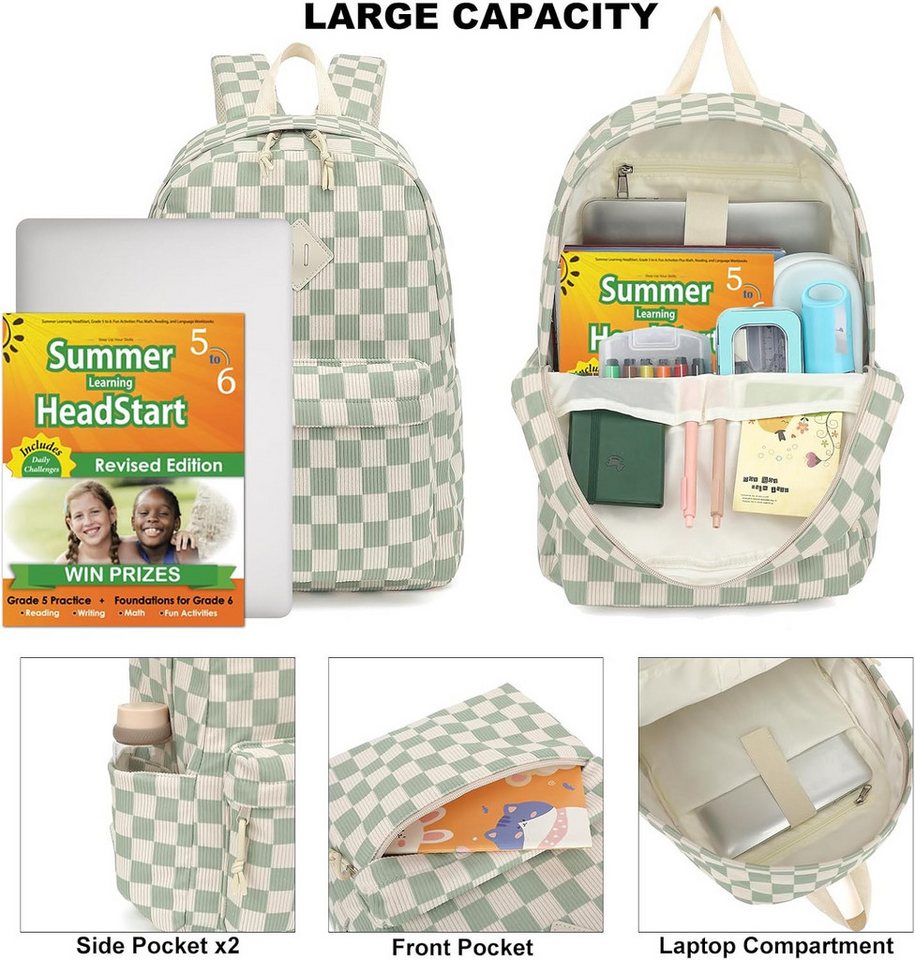 MOPUEA Schulrucksack Schulrucksack Set 3 tlg Wasserabweisend mit Lunch-Tasche &Federmappe (Rucksack Set für Schule, Schulrucksack mit Lunch Tasche und Federmäppchen), Karomuster, Laptopfach, wasserabweisend, gepolstert, leicht und robust Bild 3