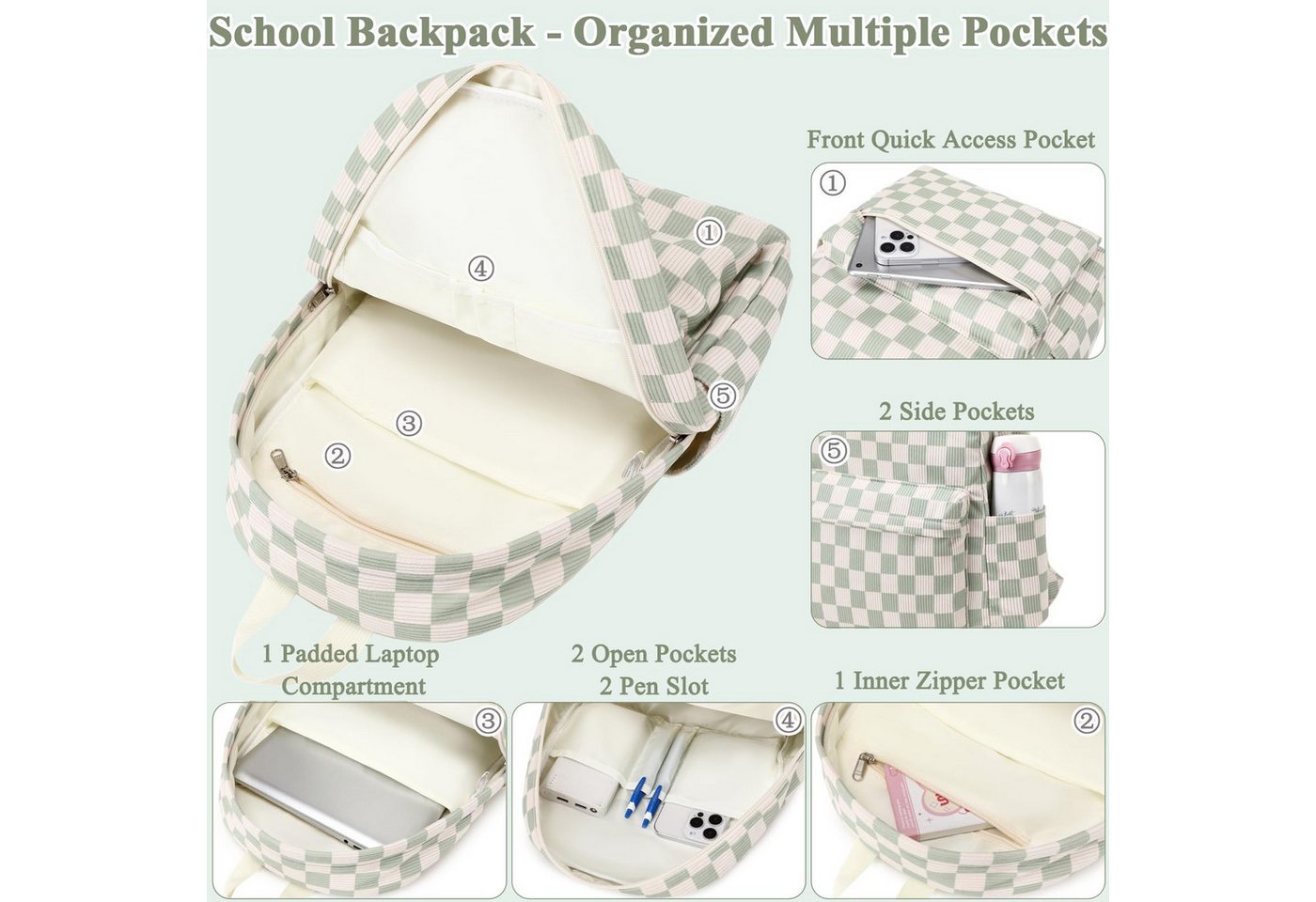 MOPUEA Schulrucksack Schulrucksack Set 3 tlg Wasserabweisend mit Lunch-Tasche &Federmappe (Rucksack Set für Schule, Schulrucksack mit Lunch Tasche und Federmäppchen), Karomuster, Laptopfach, wasserabweisend, gepolstert, leicht und robust Bild 4