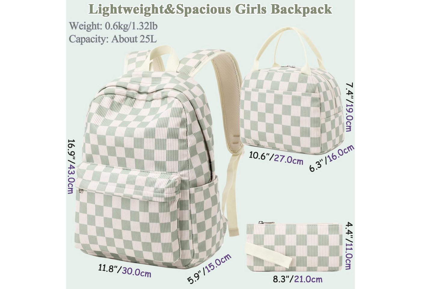 MOPUEA Schulrucksack Schulrucksack Set 3 tlg Wasserabweisend mit Lunch-Tasche &Federmappe (Rucksack Set für Schule, Schulrucksack mit Lunch Tasche und Federmäppchen), Karomuster, Laptopfach, wasserabweisend, gepolstert, leicht und robust Bild 5