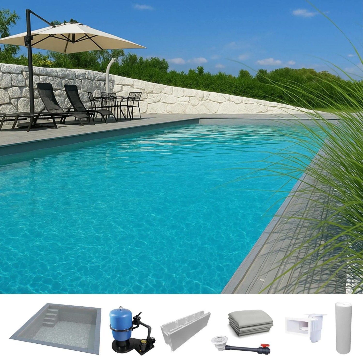 KWAD Styropor Pool Easy mit Gerader Treppe Links 8 x 4 x 1,5 m Grau