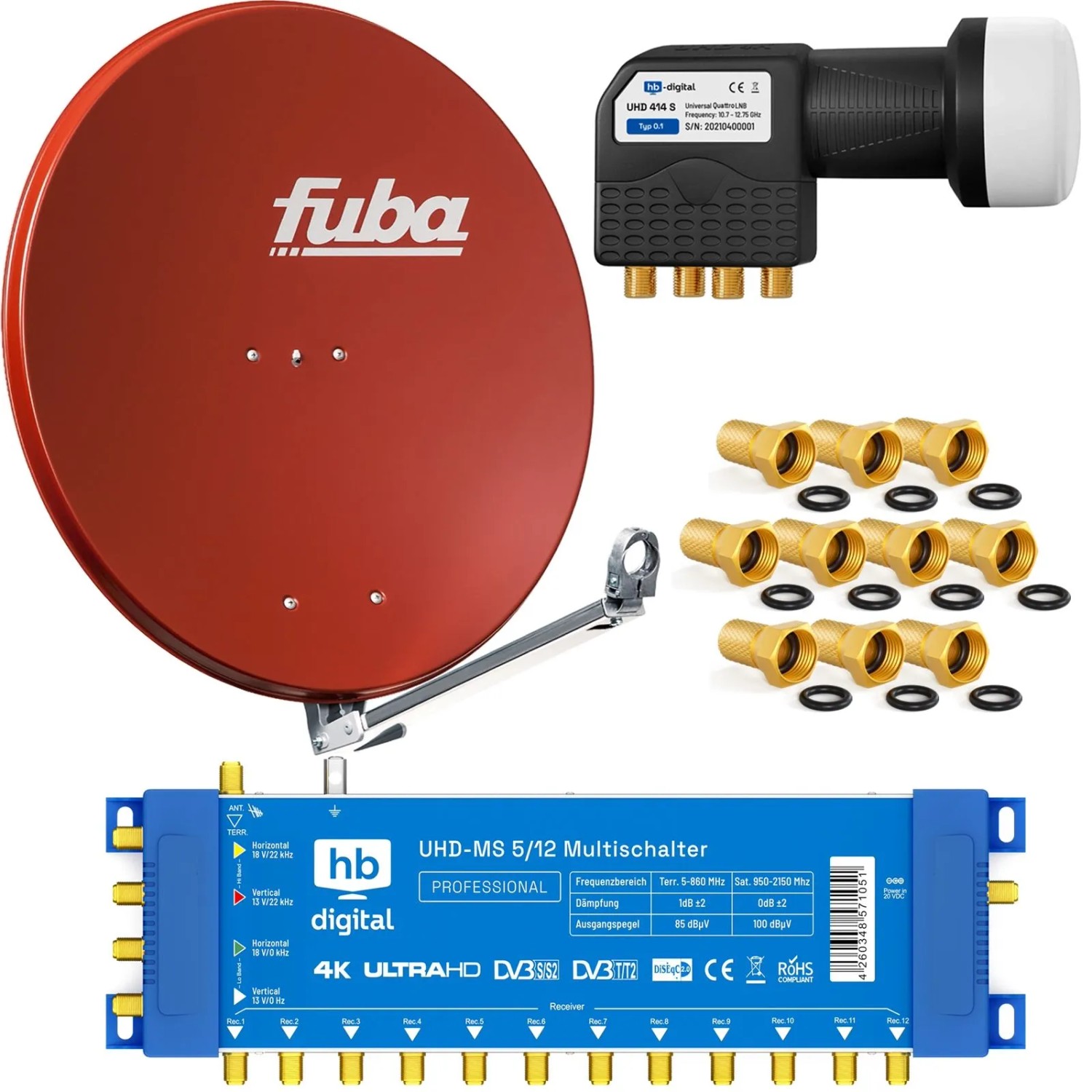 hb-digital SAT Anlage Fuba DAL 800 80cm mit Multischalter MS 5/12 und Quattro LNB Ziegelrot