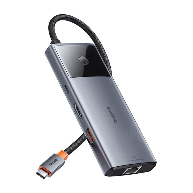 Baseus Hub 6in1 Metal Gleam 2 Series USB-C to 2xUSB 3.0 +USB-C + HDMI + USB-C PD + Ethernet RJ45 USB-Hubs - Grau