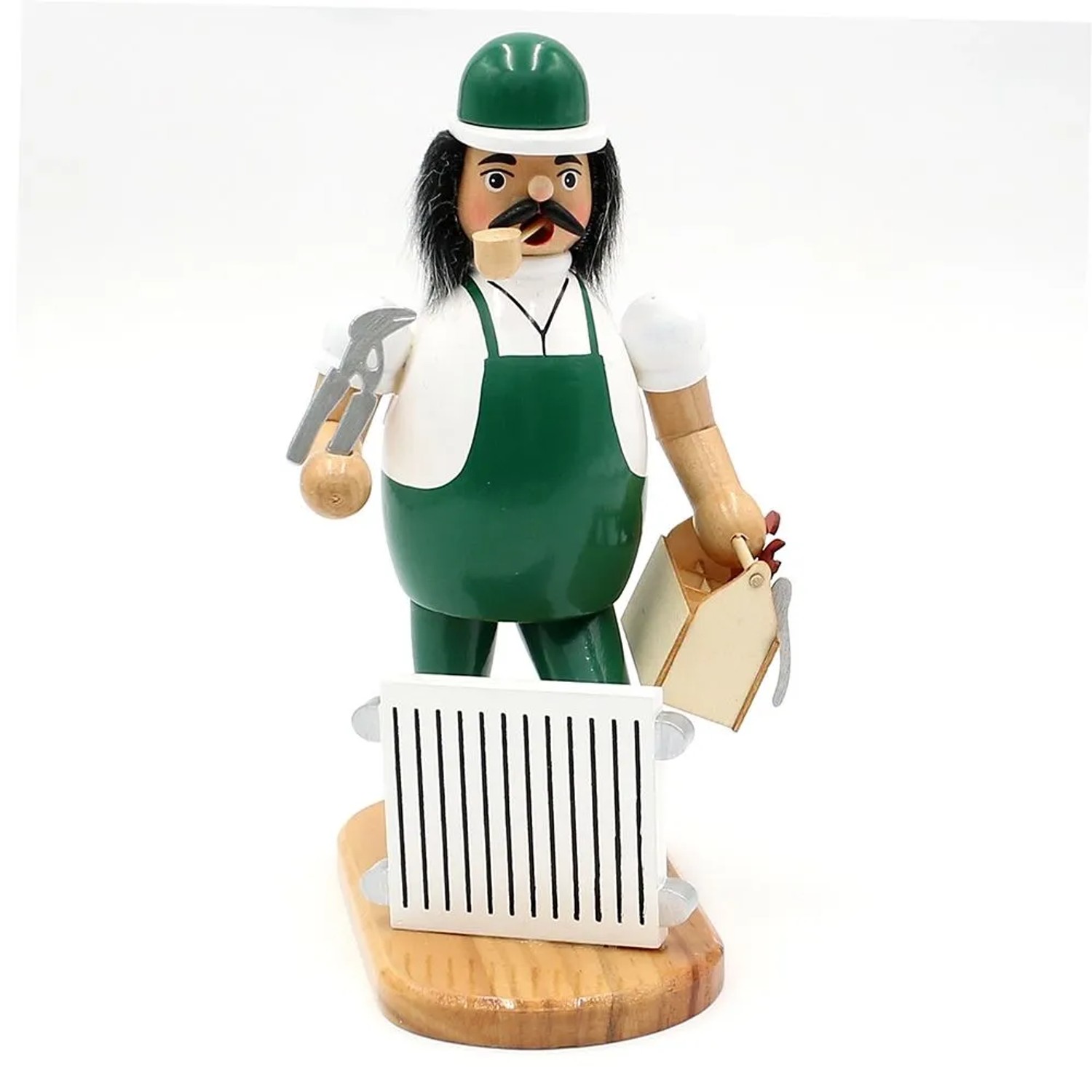 Dekohelden24 Räuchermann Heizungsmonteur mit Heizkörper Räucherfigur Weihnachtsräucherfigur Räuchergefäß Holz L/B/H 15 x 11 x 20 cm