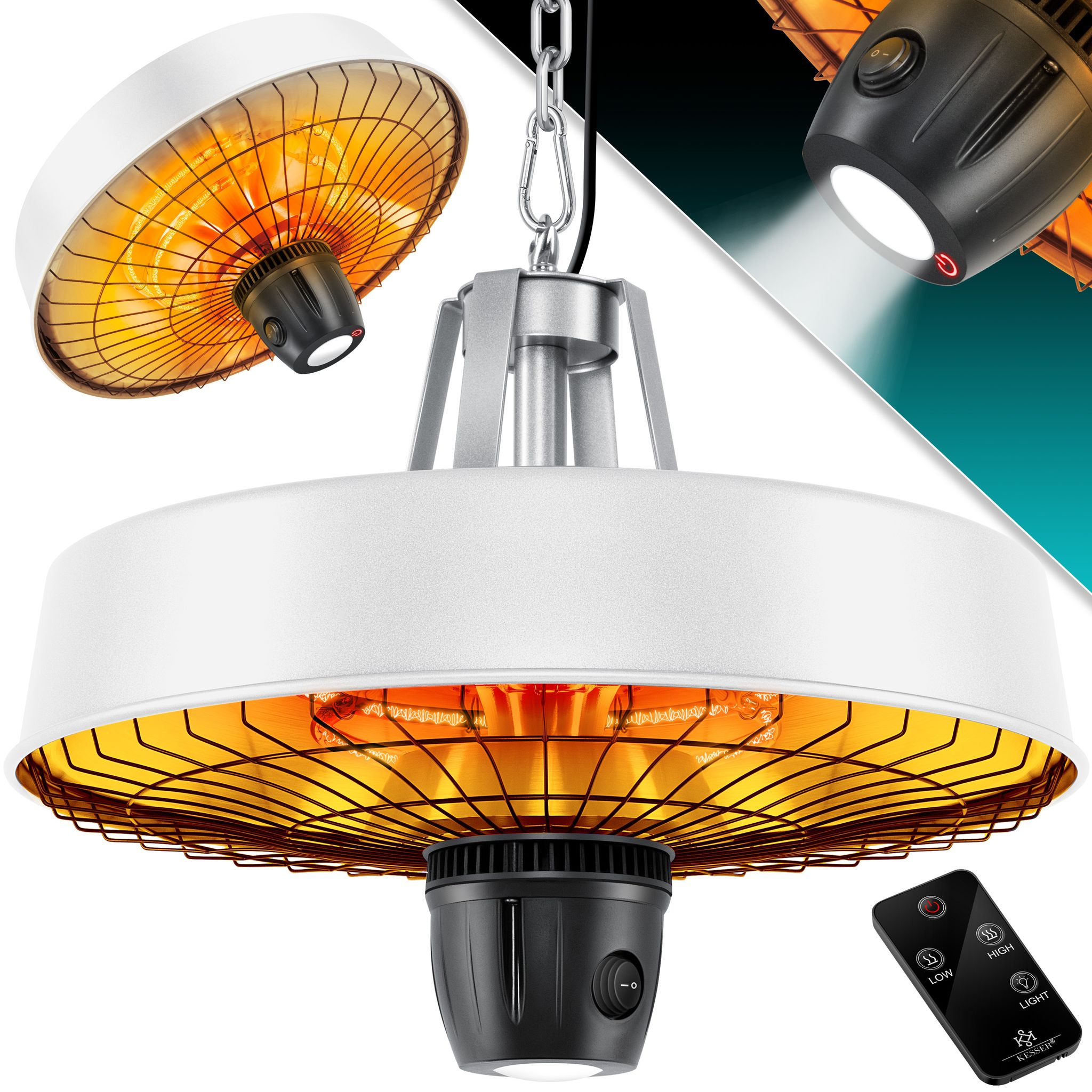 Kesser® Deckenheizstrahler Heizpilz Infrarot-heizstrahler 2500w Terrassenstrahler Mit Fernbedienung Quarzstrahler Led Licht Decke Weiß