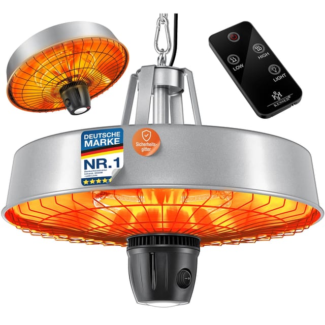 KESSER® Deckenheizstrahler Heizpilz Infrarot-Heizstrahler 2500W Terrassenstrahler mit Fernbedienung Quarzstrahler LED Licht Decke Infrarotstrahler mit Kette + Karabinerhaken Carbon-Heizelement