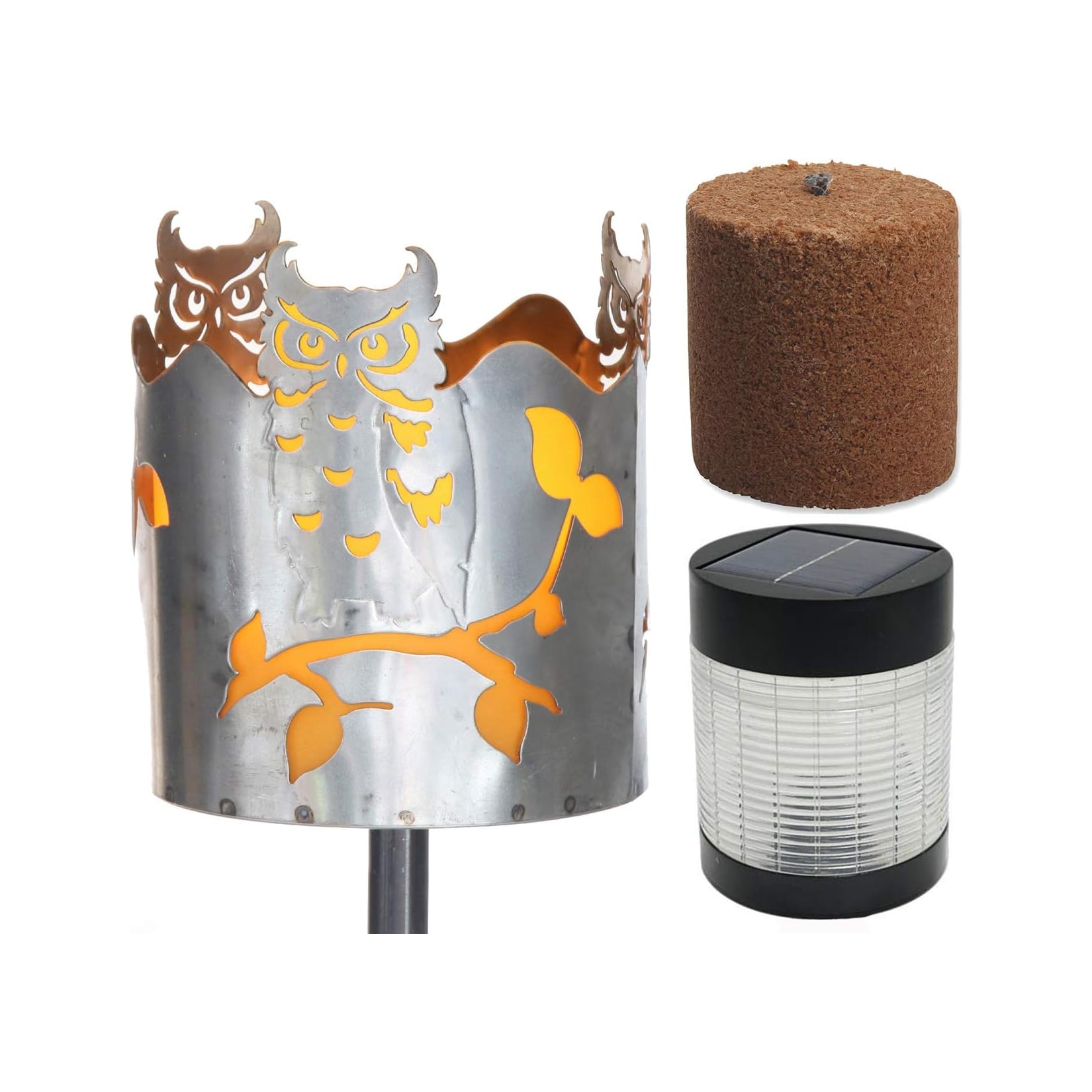 Gartenfackel Eule Feuerschale Metall mit Stiel Brennmittel Solarlampe LED