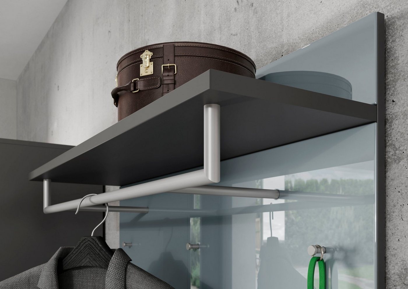 GERMANIA Garderobenpaneel Oakland mit Glasfront, Breite: 97 cm, mit Ablageboden, Stange und Haken aus Metall Bild 5