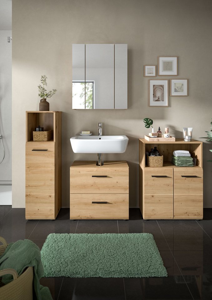 welltime Badmöbel-Set FLORENZ, 4-teilige Badkombination, hochwertige MDF-Front, (Set, 4-St., Midischrank hoch, WBU, Spiegelschrank, Midischrank breit), Bad-Kombination, Bad-Möbel, Badezimmer, Kombination, Kombi