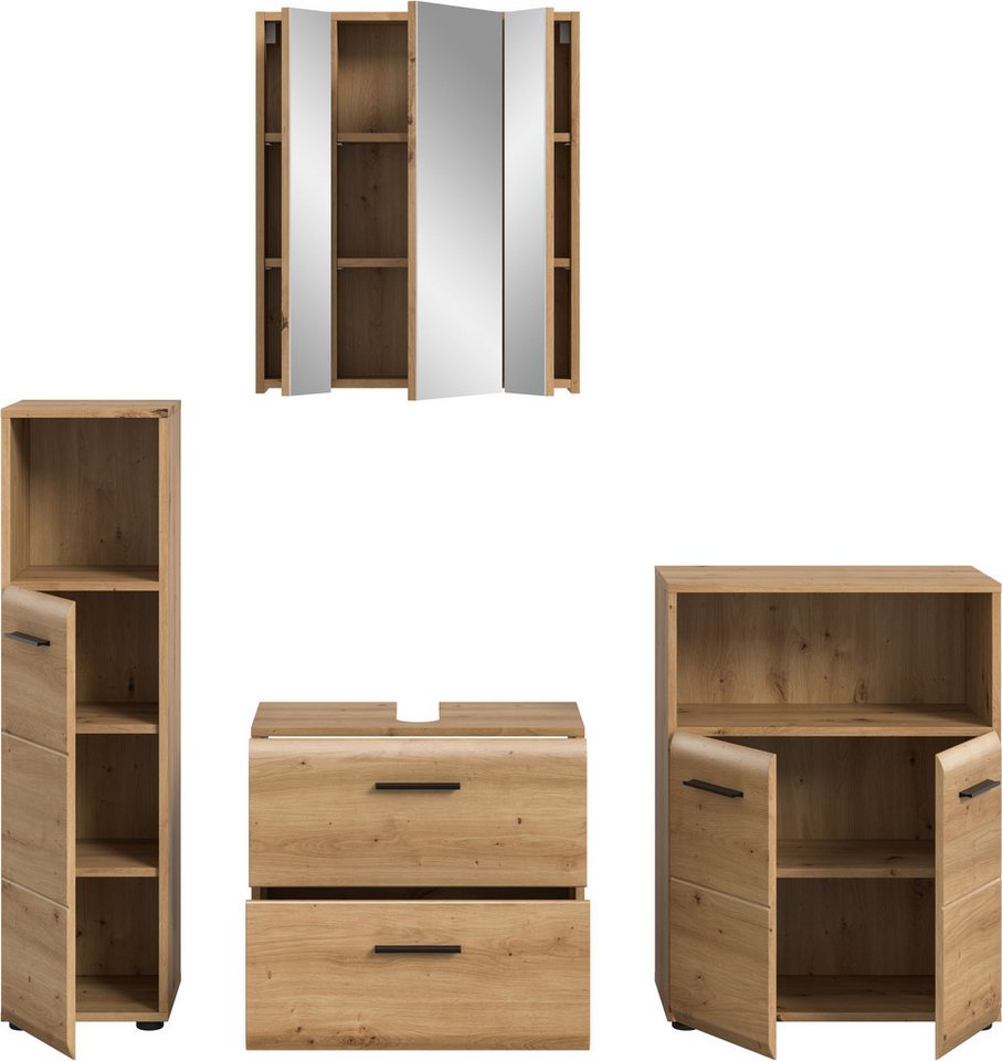welltime Badmöbel-Set FLORENZ, 4-teilige Badkombination, hochwertige MDF-Front, (Set, 4-St., Midischrank hoch, WBU, Spiegelschrank, Midischrank breit), Bad-Kombination, Bad-Möbel, Badezimmer, Kombination, Kombi Bild 4