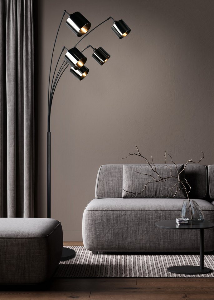 Reality Leuchten Stehlampe JASON, Stehleuchte 5-flammig exkl 5x E14 max 10W, Höhe 200cm 72cm tief, Ein-/Ausschalter, Leuchtmittel wechselbar, warmweiß - kaltweiß, Bogenleuchte Metall schwarz, Lampenschirme rauchgrau, Fußschalter Bild 5
