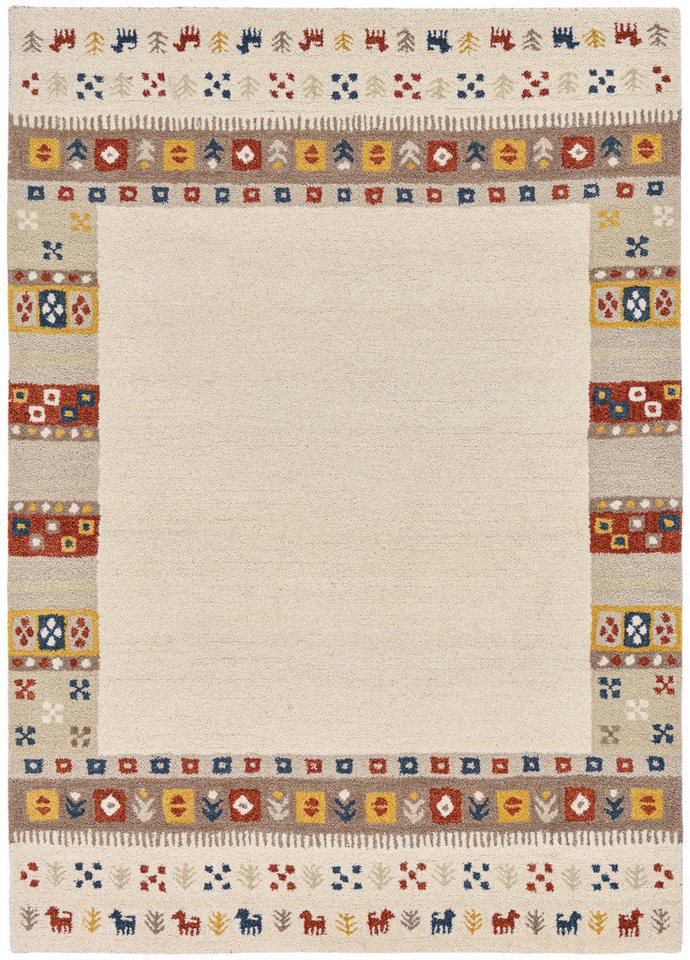 THEKO Wollteppich Gabbeh Rahmen, reine Wolle, Handgefertigt, mit Bordüre, rechteckig, Höhe: 14 mm, Tiermotiv, Wohnzimmer, Schlafzimmer, Esszimmer