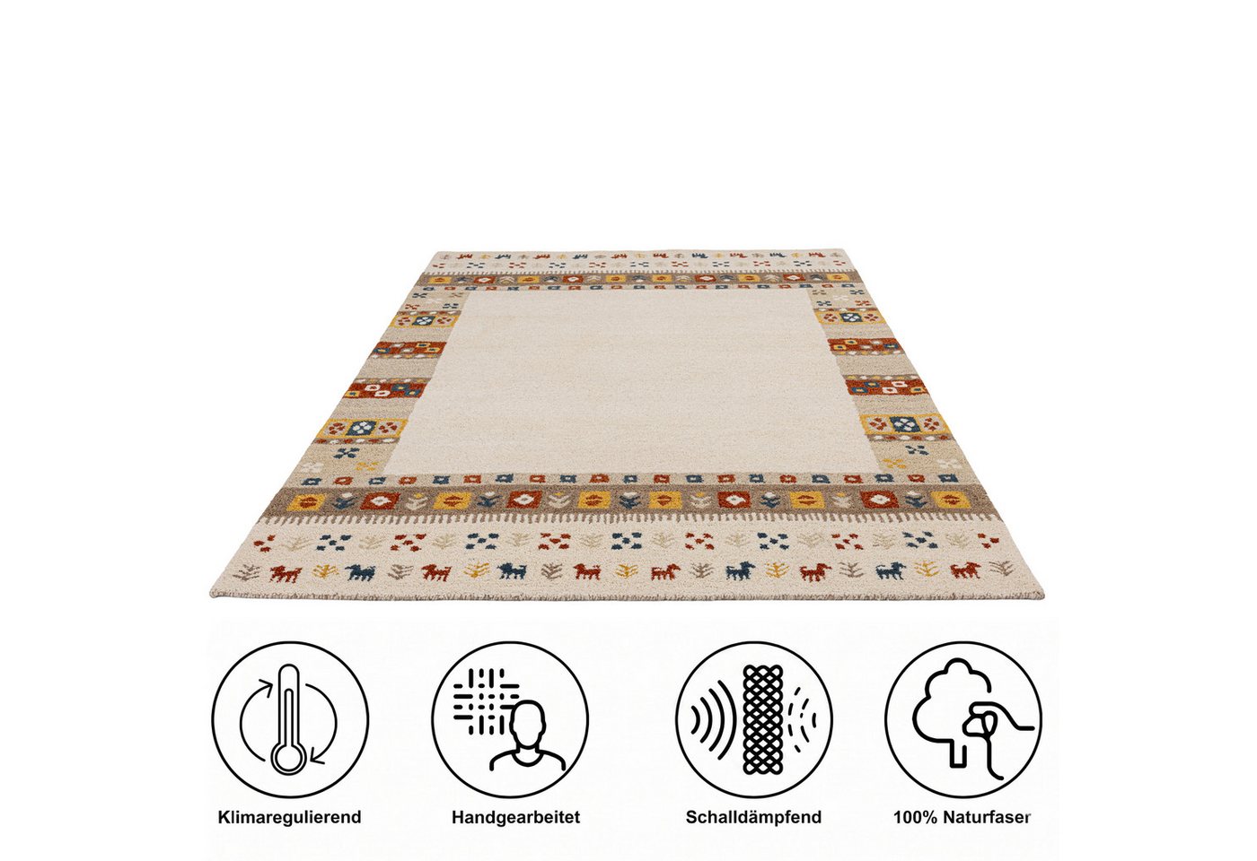 THEKO Wollteppich Gabbeh Rahmen, reine Wolle, Handgefertigt, mit Bordüre, rechteckig, Höhe: 14 mm, Tiermotiv, Wohnzimmer, Schlafzimmer, Esszimmer Bild 3