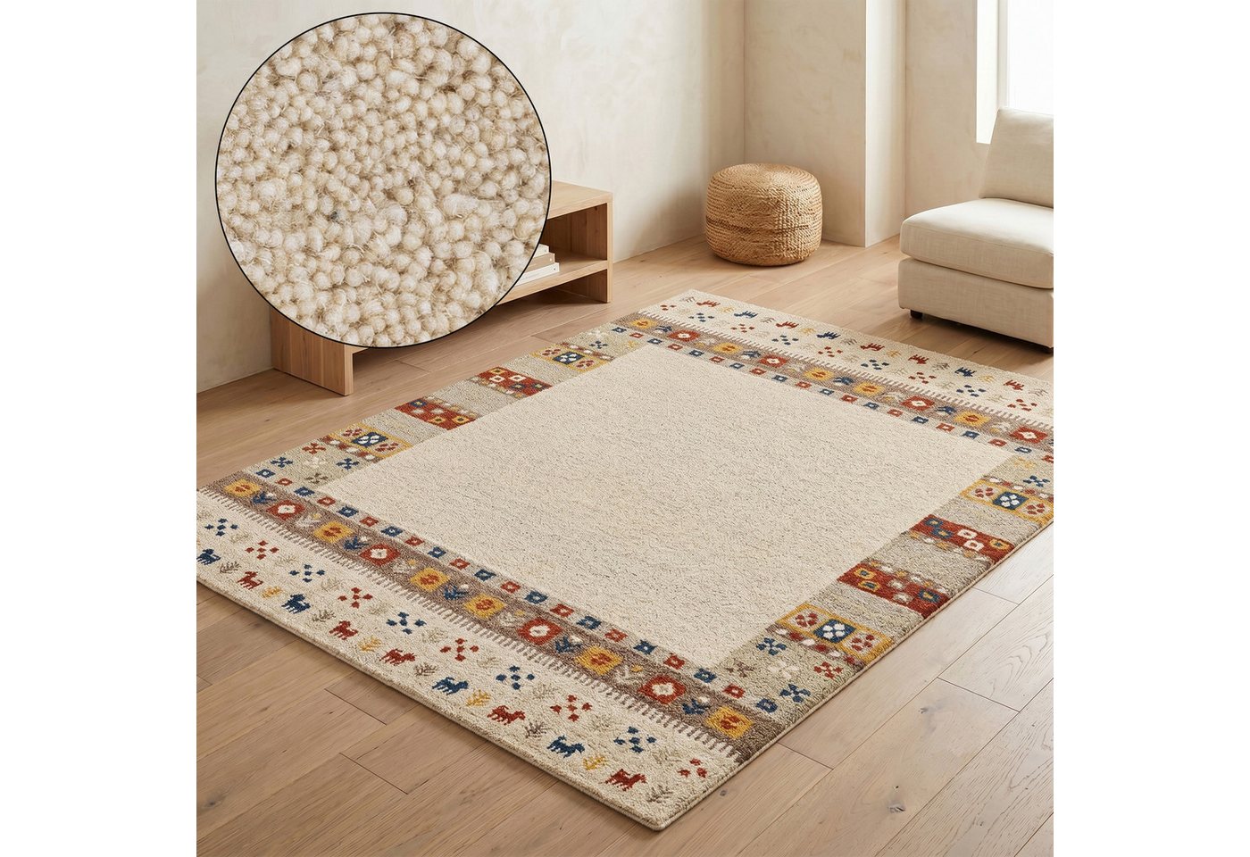 THEKO Wollteppich Gabbeh Rahmen, reine Wolle, Handgefertigt, mit Bordüre, rechteckig, Höhe: 14 mm, Tiermotiv, Wohnzimmer, Schlafzimmer, Esszimmer Bild 5