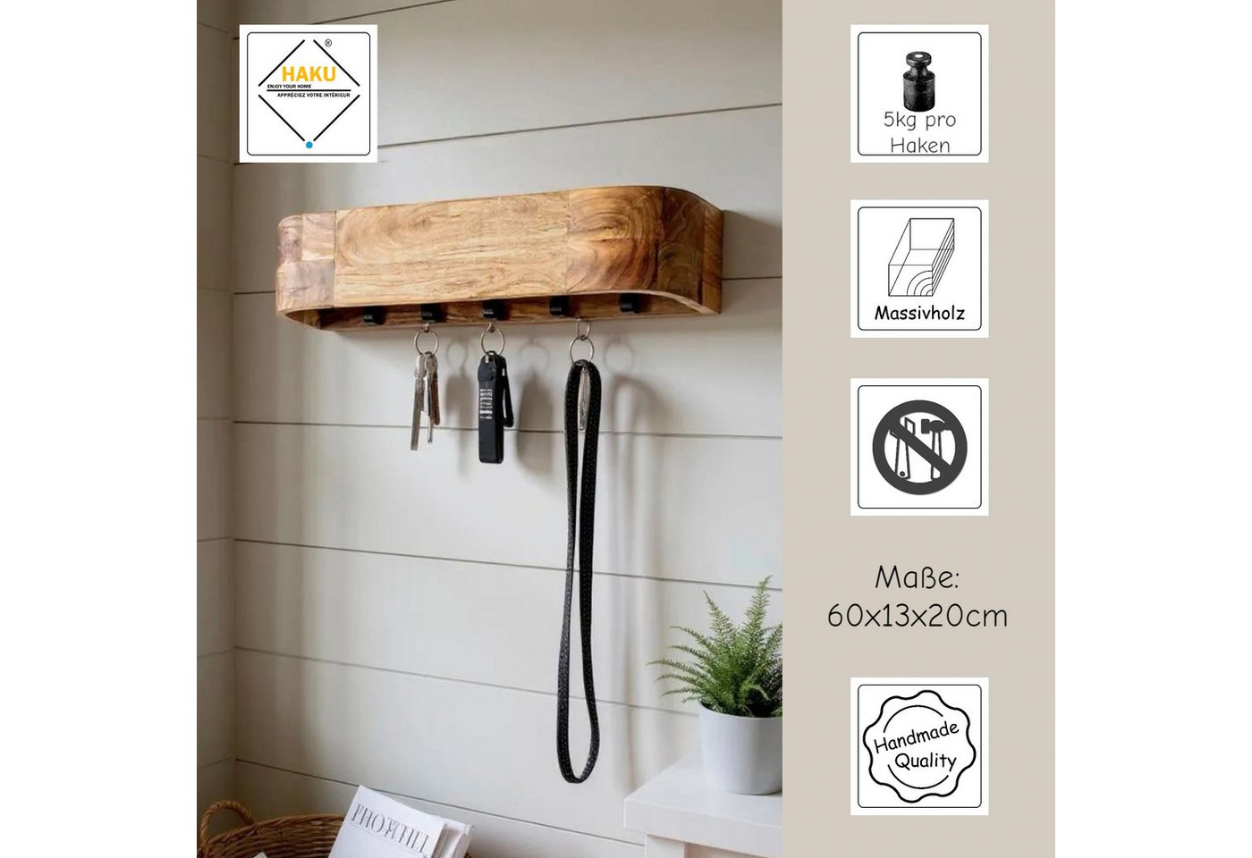 HAKU Wandgarderobe (1 St), rechteckig - aus Massivholz Braun - B/T/H 60/20/13 cm Bild 5