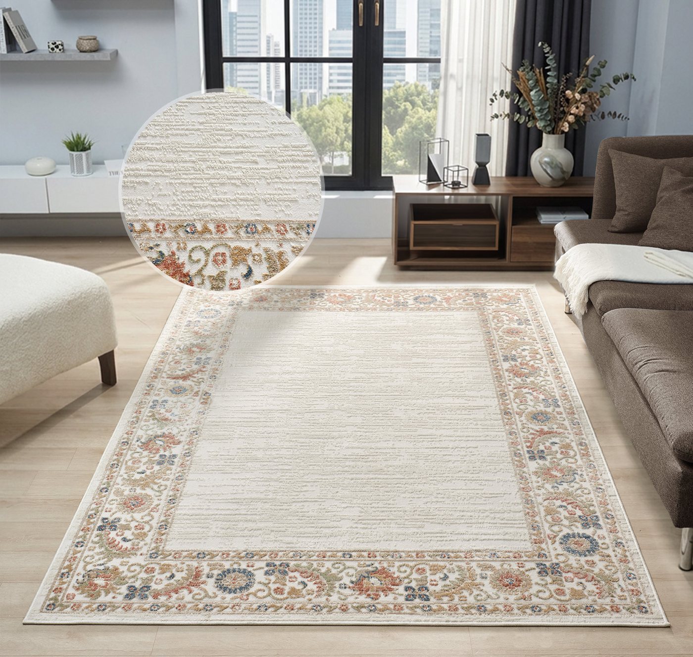 OTTO home Teppich Fennia, Blumen-Motiv, rechteckig, Höhe: 7 mm, Bordüre, Floral, meliert, Wohnzimmer, Schlafzimmer, Esszimmer