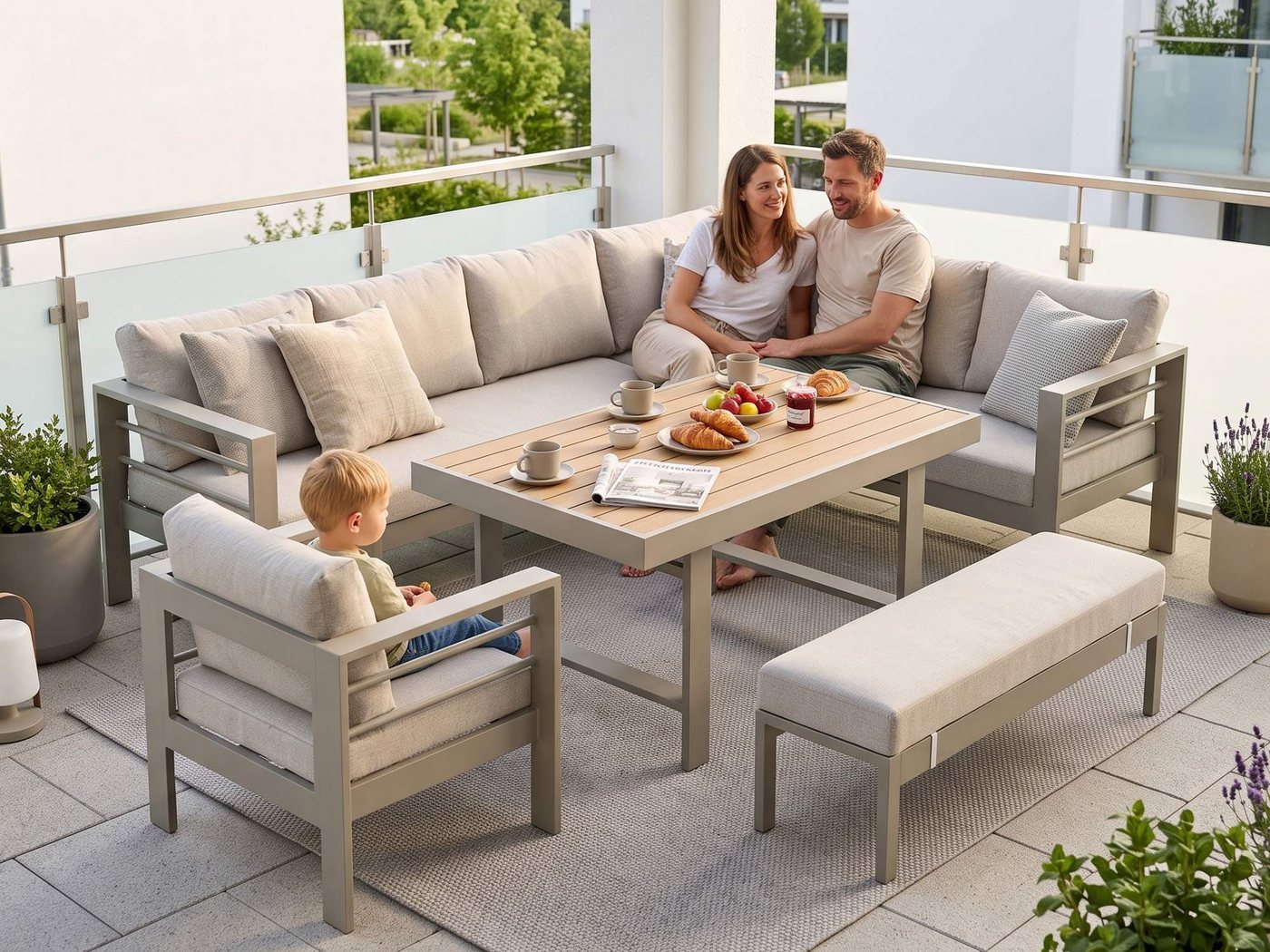 MeXo Gartenlounge-Set XXL Outdoor Lounge Set mit Esstisch, (wetterfeste modulare Ecklounge aus Aluminium, 6-tlg., Gartenmöbel Set für 6-9 Personen), 12cm Deluxe Relax-Sitzkissen, 8 cm breite Armlehne