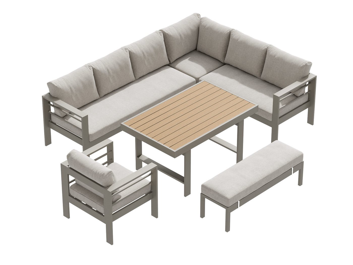 MeXo Gartenlounge-Set XXL Outdoor Lounge Set mit Esstisch, (wetterfeste modulare Ecklounge aus Aluminium, 6-tlg., Gartenmöbel Set für 6-9 Personen), 12cm Deluxe Relax-Sitzkissen, 8 cm breite Armlehne Bild 2