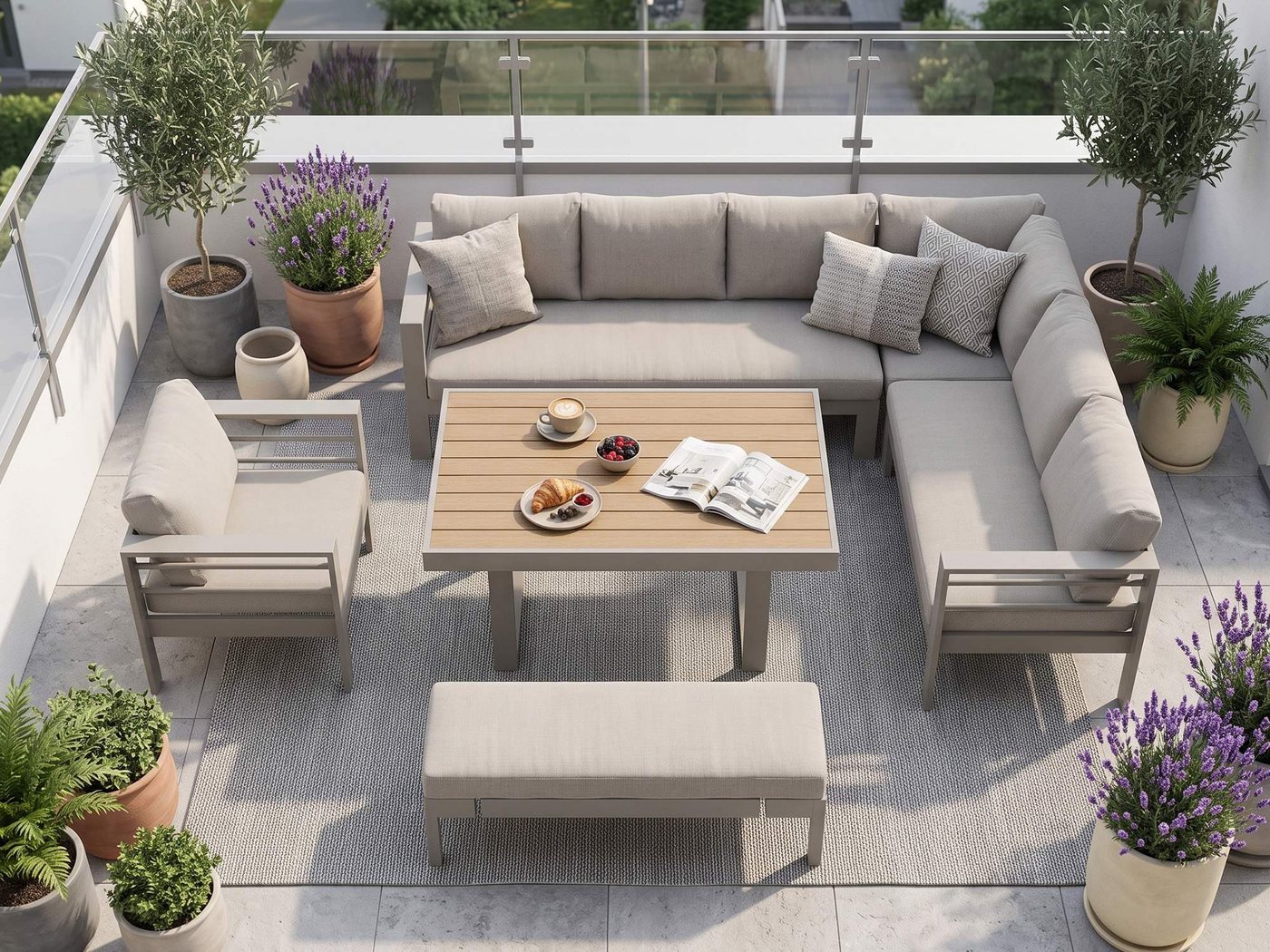 MeXo Gartenlounge-Set XXL Outdoor Lounge Set mit Esstisch, (wetterfeste modulare Ecklounge aus Aluminium, 6-tlg., Gartenmöbel Set für 6-9 Personen), 12cm Deluxe Relax-Sitzkissen, 8 cm breite Armlehne Bild 3