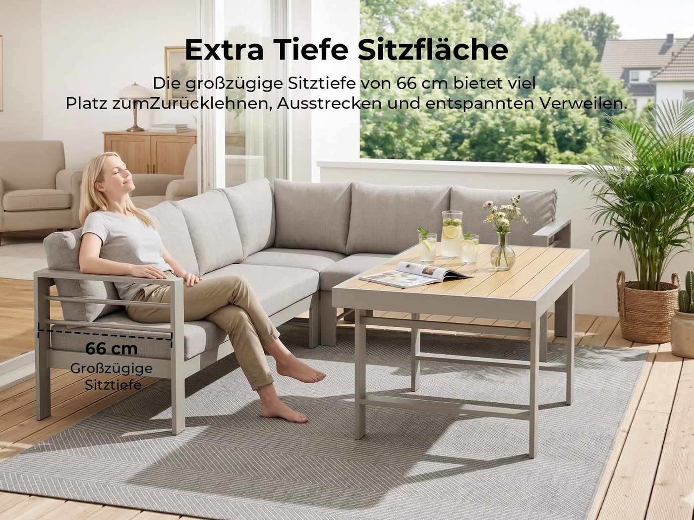 MeXo Gartenlounge-Set XXL Outdoor Lounge Set mit Esstisch, (wetterfeste modulare Ecklounge aus Aluminium, 6-tlg., Gartenmöbel Set für 6-9 Personen), 12cm Deluxe Relax-Sitzkissen, 8 cm breite Armlehne Bild 4