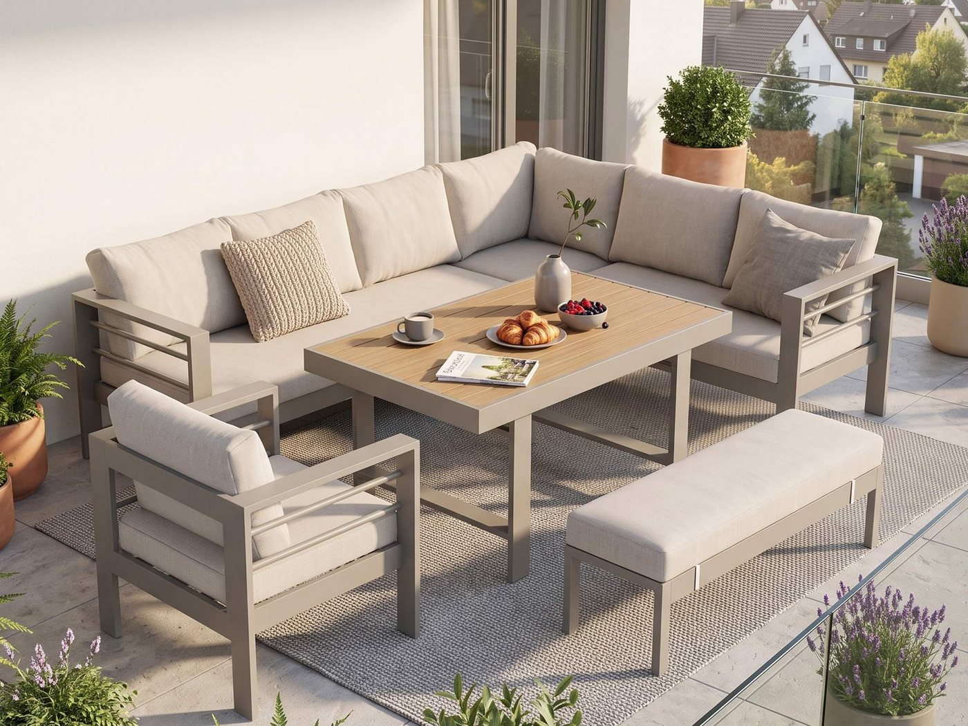 MeXo Gartenlounge-Set XXL Outdoor Lounge Set mit Esstisch, (wetterfeste modulare Ecklounge aus Aluminium, 6-tlg., Gartenmöbel Set für 6-9 Personen), 12cm Deluxe Relax-Sitzkissen, 8 cm breite Armlehne Bild 5