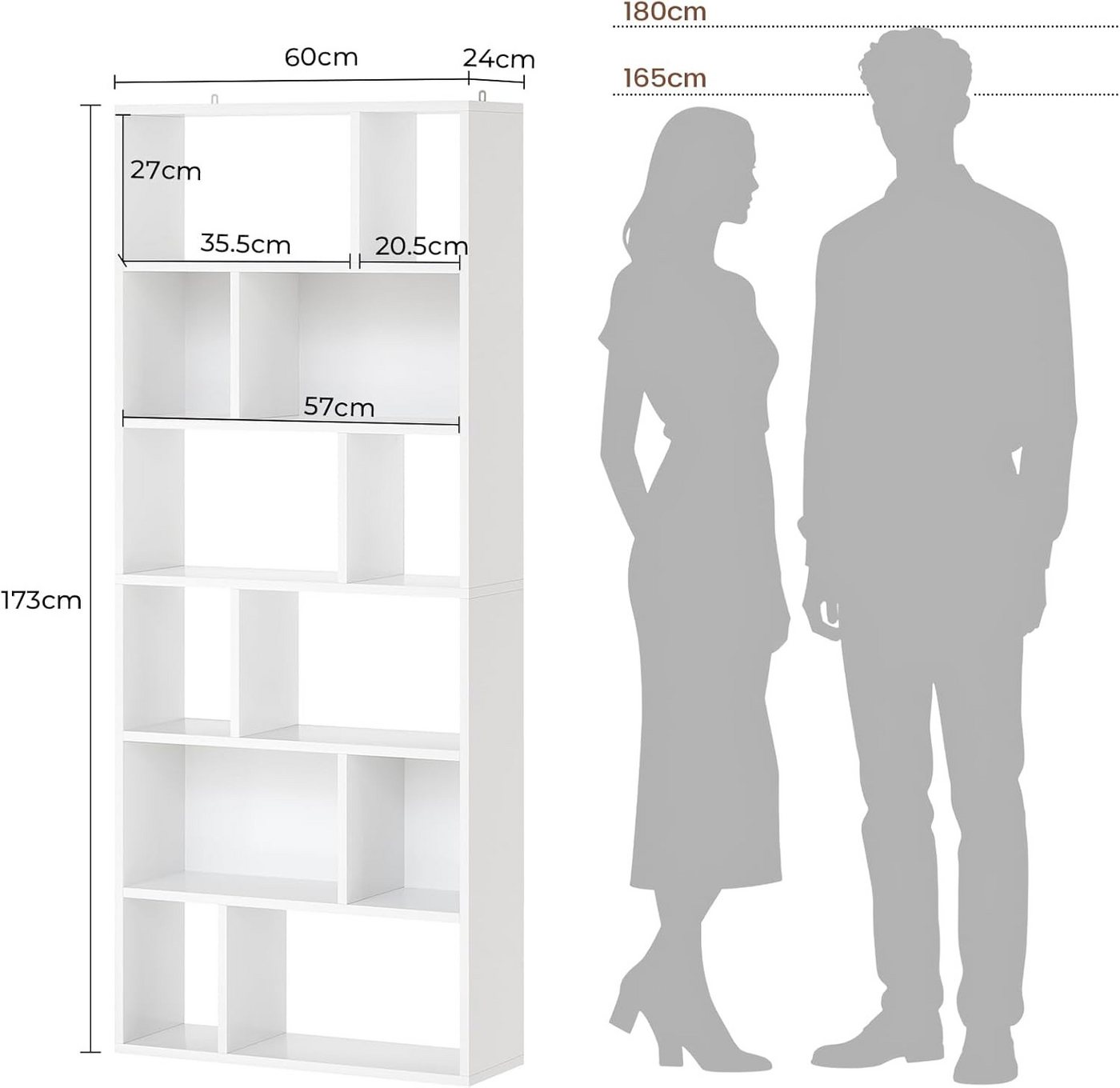 MSMASK Bücherregal Freistehend Bücherschrank mit 6 Ebenen und 12 offenen Fächern, 1-tlg., 173x60x24 cm – Ideal für Wohn- und Arbeitszimmer