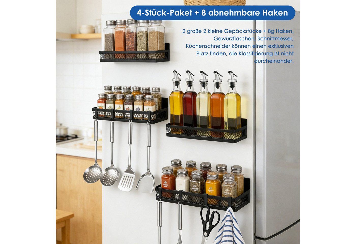 BlingBin Gewürzregal Magnetisches Gewürzregal für Kühlschrank, 4/3pcs Magnetregal mit Haken, 4er Set 4-tlg., mit beweglichen 8 Haken für Küchenorganisation und Lagerung